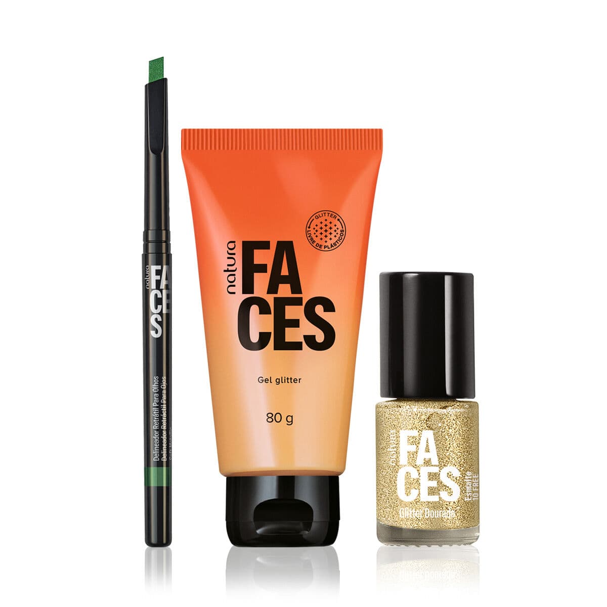Kit Gel Glitter, Delineador Verde e Esmalte Dourado Natura Faces (3 produtos) — foto 1