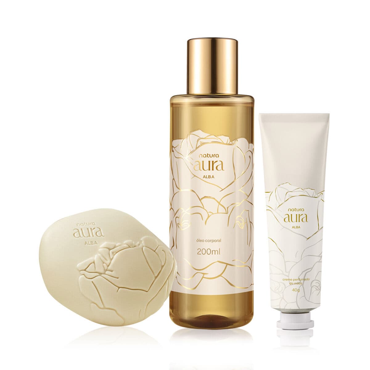 Kit Óleo Corporal, Creme para as Mãos e Sabonete em Barra Natura Aura Alba — foto 1